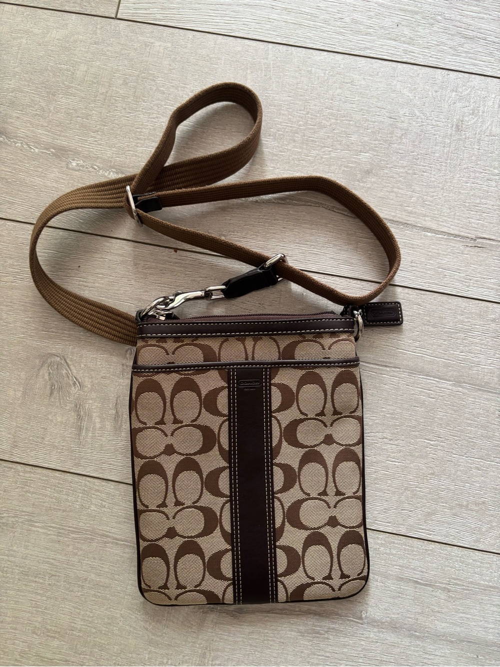 Coach Signature 6016 Stripe Swingpack Crossbody Khaki Brown Canvas Leather Purse